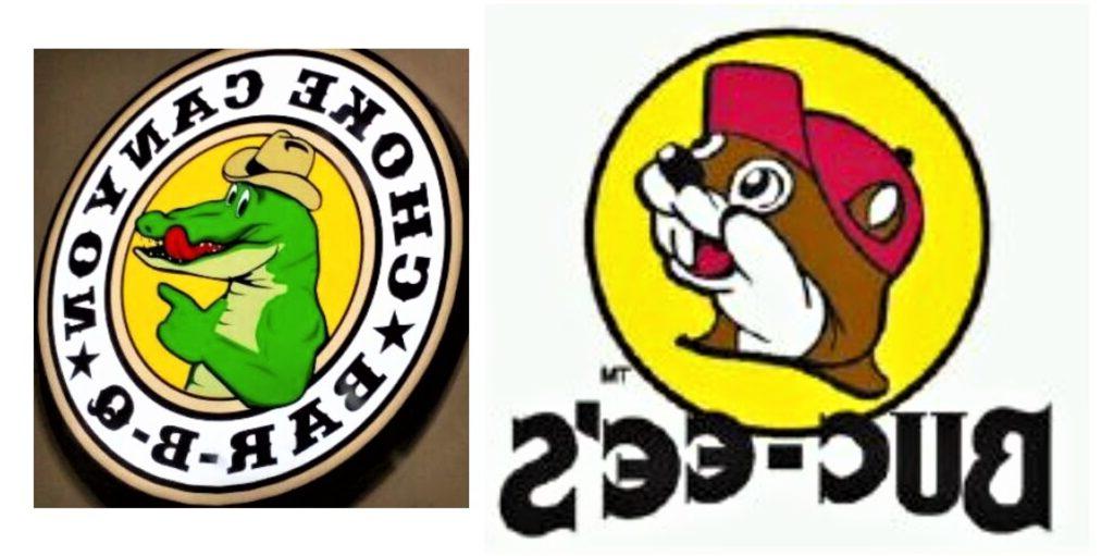 5. Buc-ee’s has sued numerous firms for trademark infringement. The most astounding case was when the Beaver sued the Choke Canyon BBQ Alligator, and won! This, despite the fact that the plaintiffs acknowledged that “even a four-year-old” could tell a brown beaver from a green alligator. Apparently the judge and jury in their wisdom thought that the fact that the figures were cartoons, were in a circle, were wearing hats, and had red tongues, was enough to reward the Beaver. (Texas justice?)